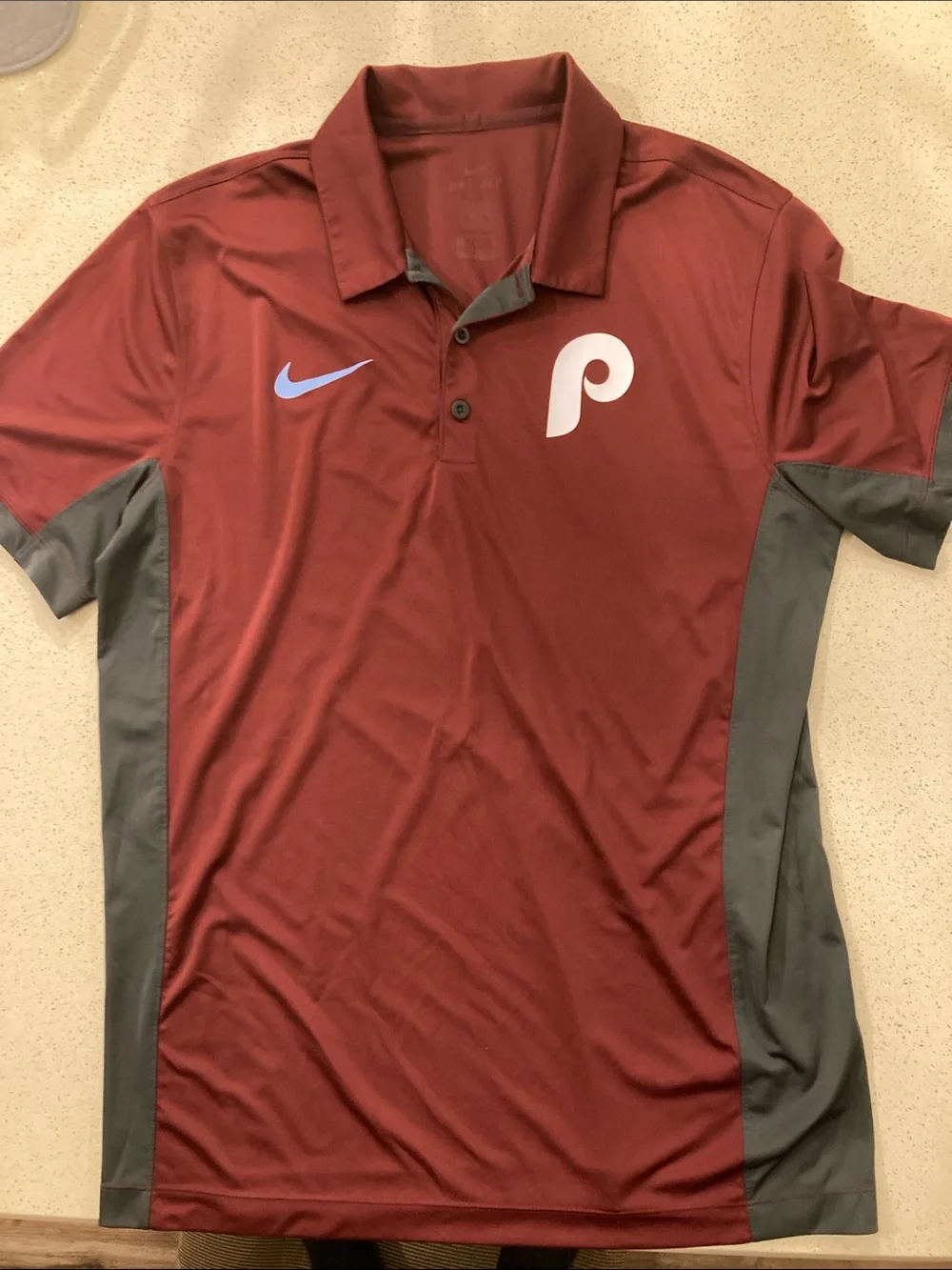 Nike Phillies Men’s Maroon Polo with Gray Side Panels and Light Blue Logo